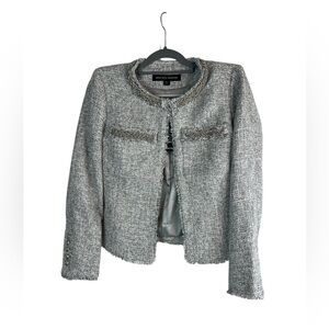 Boston‎ Proper Metallic Tweed Blazer Jacket 4 Silver Fringe Trim Bouclé Style